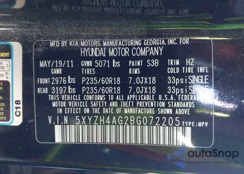 2011 Hyundai Santa Fe Se z USA, uszkodzony, nr VIN 5XYZH4AG2BG072205